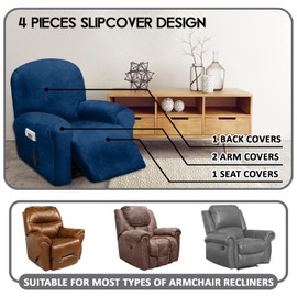 ULTICOR 4-Piece, 1 Seat Recliner Cover, Velvet Stretch Reclining Chair Covers for 1 Cushion Reclining Sofa, Single Seat Recliner Couch Cover, Thick, Very Soft, Machine Washable (Navy)