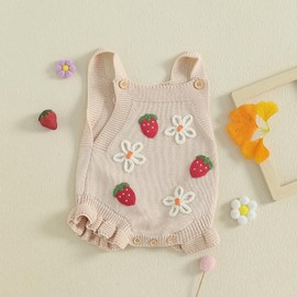 FYBITBO Baby Sweater Knit Romper Newborn Girl Strawberry Sweaters Onesie Overalls Fall Winter Clothes Knitted Outfit (Beige, 0-3 Months)