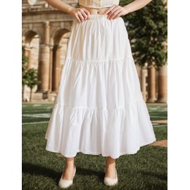 BEAUTELICATE Women's Maxi Tiered Skirt Midi Swing Skirt Pure Cotton Vacation Boho Long Skirt Stylish Casual Full Circle Summer Skirt with Lace Trim Pockets(Off White-90cm, L)