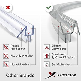 Sello inferior de puerta de ducha sin marco X-Protector - sello de puerta de ducha de 40 pulgadas para todos los grosores de puerta - barrido de puerta de ducha autoadhesivo - tira de sello inferior