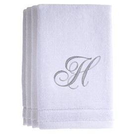 Juego de 4 toallas con monograma, 11 x 18 pulgadas, toallas bordadas plateadas, extra absorbentes, 100% algodón, acabado de terciopelo suave, para baño, cocina, spa, inicial H (blanco)