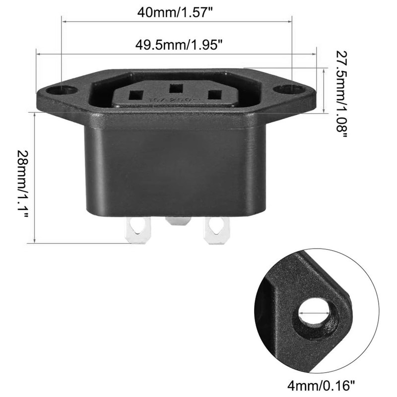 C13 Panel Mount Plug Adapter 250V AC 10A 3 Pins