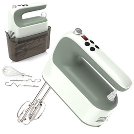 Yomelo 9-Speed Digital Hand Mixer Electric, 400W Powerful DC Motor, Hand Mixer Electric Handheld with Snap-On Storage Case, 5 Stainless Steel Accessories, Beaters, Dough Hooks, Whisk(Light Green)