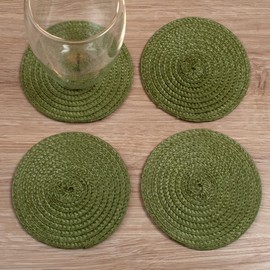 Round Braided Woven Polypropylene Plastic Coaster Set of 4 (Mossy Green)