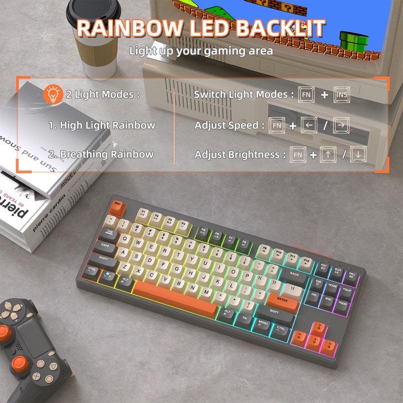 MAMBASNAKE M87 TKL– Dual-Mode-Wireless-Gaming-Tastatur, Bluetooth/2,4 GHz, PBT-Kugeltastenkappe, 4000-mAh-Akku, gemischte Regenbogen-Hintergrundbeleuchtungstastatur