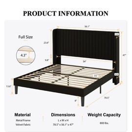 SHA CERLIN Full Size Velvet Bed Frame with Vertical Channel Tufted Wingback Headboard, Upholstered Platform Bed with Wood Slats, No Box Spring Needed, Easy Assembly, Black