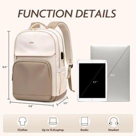 VNINE Laptop Backpack for Women - 15.6 Inch Computer Work Bag with USB Port Waterproof Backpack Purse Fashion Travel Backpack for College Daypack Business Travel Teacher, Beige