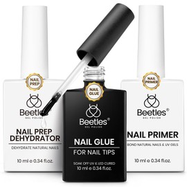 Beetles 3Pcs Gel Nail Glue Nail Dehydrator and Primer, Professional Nail Prep Acid-Free & Hema-Free Dehydrate Bond Primer 9 in 1 Gel Glue Kit for Press On Nails Nail Tips Nail Extension Gifts for Her