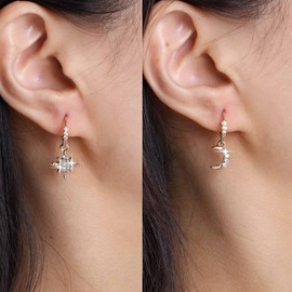 Cimenexe Bohemian Crystal Crescent Moon Star Dangle Earrings Gold CZ Starburst Moon Drop Earrings Paved Floating Moon Circle Earrings Rhinestone Moon Star Hoop Earrings Jewellery For, Zinc