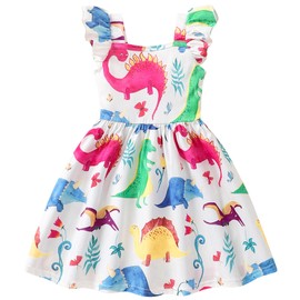 Popshion Dinosaur Dress Girls Ruffle Sleeve White Swing Animal Print Tank Sundress Toddler Summer Outfits Kids Dino Dresses 2-3 Years