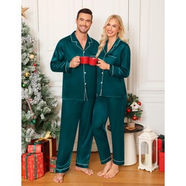 SWOMOG Couple Matching Pajamas Set Silk Satin Button Down Sleepwear Long Sleeve Nightwear 2 Pcs Pj Set Men Green Medium