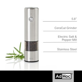 AdHoc Electric Salt & Pepper Grinder - Spice Grinder with One-Button Operation - Mill with CeraCut Ceramic Grinders - Uses SilentDrive for Quiet Operation - Battery Powered Spice Grinder - Mini