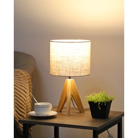 EDISHINE Wooden Bedside Table Lamp, E27 Socket, Tripod, Vintage Country House, Beige Lampshade Made of Linen, for Modern Decoration, Bedroom, Living Room, Bedside Table