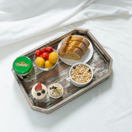 MyGift 16.5 Inch Torched Wood Decorative Tray, Octagon Shaped Wooden Board Drink Serving Platter with Cutout Handles, Table Centerpiece Base and Ottoman Home Decor