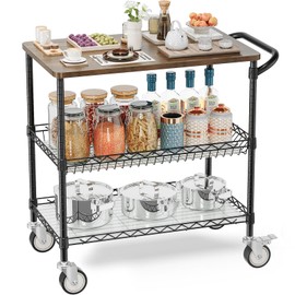 Leteuke Rolling Kitchen Carts with Wheels, 34"L x 17.5"W x 32.5"H, 3-Tier Heavy Duty Utility Cart with Wood Tabletop, NSF Commercial Metal Serving Cart with Handle and Shelf Liner for Kitchen, Black