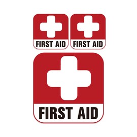 3PCS First Aid Sign Sticker for Box，Self-Adhesive Waterproof Small First Aid Decals for Home, Emergency First Aid Kit Supplies for Home, Office or Business (4x4IN, 2X2IN)