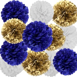 Navy Blue Gold White Paper Pom Poms Decorations for Boys Girls Birthday Graduation Decoration Ceiling Wall Hanging Tissue Flowers Decorations 12pcs,3 Colors
