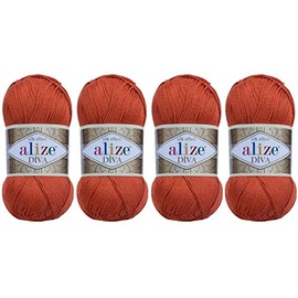 100% Microfiber Acrylic Alize Diva Silk Effect Knitting Sport Crochet Yarn Lot of 4 Ball skeins 400gr 1532yds Color (36 Terra)