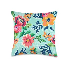 Pioneer Country Farm For Woman Flower Watercolor Pioneer Country Farm Floral Watercolor Turquoise Orange Throw Pillow, 16x16, Multicolor