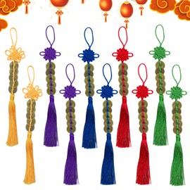 10 Pieces Chinese Knot Colorful String Feng Shui Charm Vintage I-Ching Lucky Coin New Year Decorations Car Hanging Decoration 5 Coins Emperor Money Chinese Amulet for Family Friends Health and Wealth