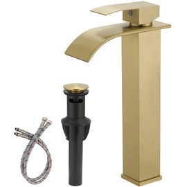 BWE Vessel Sink Faucet Brushed Gold Faucet for Bathroom Sink Tall Waterfall Bathroom Faucet Single Handle One Hole Vanity Sink Faucet with Pop-up Drain