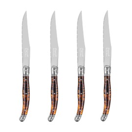 French Home Laguiole Connoisseur 4-Piece Steak Knife Set –Stainless Steel with Tortoise Shell Handles, Etched Detailing & Napoleon Bee Emblem – Serrated Knives for Smooth Cutting (9.25")