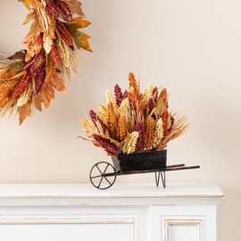 Glitzhome 15''H Fall Harvest Floral Cart Centerpiece - Autumn Table Centerpiece Decor with Multi-Colored Sorghum Arrangement for Harvest Party Thanksgiving Fall Decorations