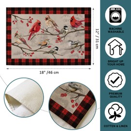 Seliem Vintage Bird Branch Placemats Set of 4, Winter Cardinal Chickadee Berry Tabletop Dining Table Place Mats Home Kitchen Red Buffalo Plaid Decor, Christmas Farmhouse Holiday Party Decoration 12x18