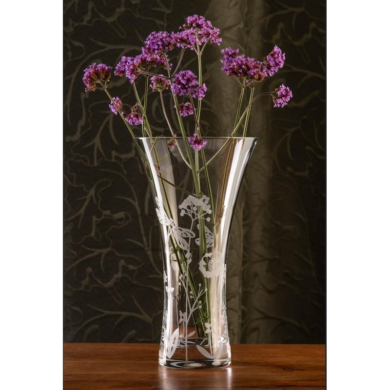DIAMANTE 'Dragonfly' Vase - Hand Cut Floral Wildlife Pattern Trumpet