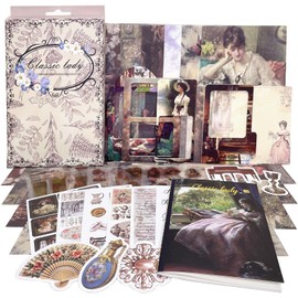 353 Pcs Vintage Scrapbooking Kit – Pocket Aesthetic Junk Journal Supplies with Scrapbook Paper, PET Stickers, Paper Frames & A6 Notebook – DIY Journal Kit for Teen Girls & Adults (Classic Lady)