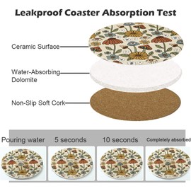 Vibiliyou Boho Drink Absorbent Retro Funky Mushroom Coasters,4pcs Boho Fun Abstract Bright Floral Hippie Ceramic Coaster Set for Wooden Coffee Table with Cork Base,Coffee Table Desk Decoration