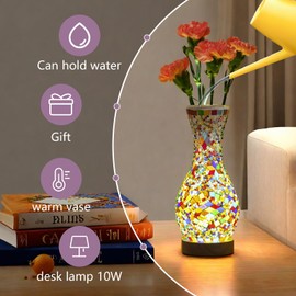 JAITAIK Mosaic Vase Lamp, Turkish Moroccan Table Lamp, Colorful Handmade Glass Vase, Water-Fillable, Vase, Decorative Lamp, Three-Color Light, Suitable for Bedroom Ambient Living Room Farmhouse