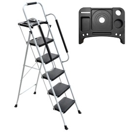 WiberWi 5 Step Ladder with Handrails Folding Step Stool with Tool Plateform, 330 lb Capacity Step Stools for Adults Portable Ladder for Home Kitchen Steel Frame with Non-Slip Wide Pedal, White