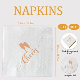 50 Pack Cheers Disposable Bar Napkins Rose Gold and White Wedding Bachelorette Engagement Bridal Shower Cocktail Napkins Beverage Napkins 3 Ply