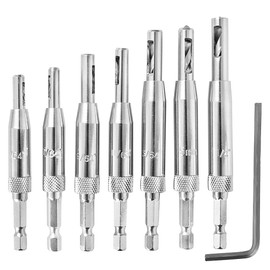 Hinge Drill Set, 8 Pieces, Self-Centring Drill Set, Centring Drill, Hinge Drill, Positioned Pilot Hole Wood, for Hinges Drawer Guides 7 Sizes with 1 Hexagonal Wrench
