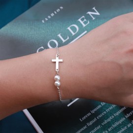 Yienate Unique Tiny Cross Pearl Bracelets Chain Silver Hand Chain Hand Harness Dainty Pearl Link Cross Slave Bracelets for Women and Girls