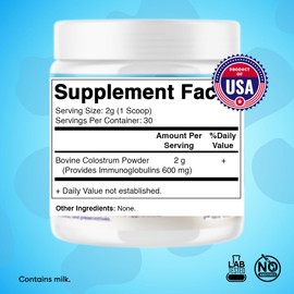 Vitamatic Bovine Colostrum 30% IgG Powder - Supplement for Gut Health, Hair Growth, Beauty, Muscle Recovery, & Immune Support - Easy to Mix - 60 Gram (30 Servings, Unflavored)