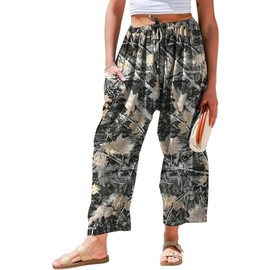 TARSE Womens Linen Wide Leg Pants Casual Loose Drawstring Low Waist Beach Palazzo Harem Pants with Pockets(MapleLea,L)