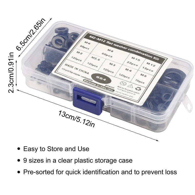 684-Piece Flat Washer Set with Plastic Box, 9 Sizes Washers