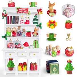 BEIREG Dollhouse Miniatures Accessories 1/12 Scale, 34pcs White Wooden Bookshelf Furniture Kit - Mini Books&Gift Boxes, Candy Jars, Christmas Tree&hat, Dollhouse Christmas Decorations for Kids