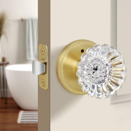 Moquin Brushed Gold Privacy Glass Door Knob with Privacy Button, Vintage Interior Crystal Door Knob, Keyless Satin Brass Plum Crystal Doorknob for Bathroom/Bedroom