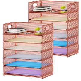 Marbrasse 2 Pack Desk Organizer with Handle, 6 Tier Paper Letter Tray, Mesh Desk File Organizer for Office, School and Home - Rose Gold