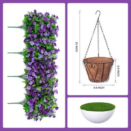 INXUGAO Hanging Baskets with Artificial Flowers for Plants Outdoor Indoor, Faux Silk Morning Glory Vines, Faux Green Plant Arrangement for Garden Patio Spring Summer Decor(Purple)