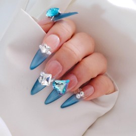 GLORS Luxury Press-On Nails, Turquoise Blue Stiletto with Crystals and Pearls, 10 Pieces (XS, LS)