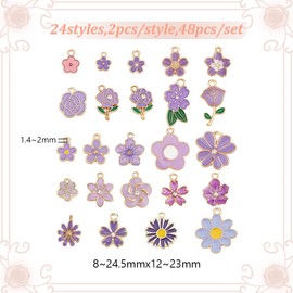 DELORIGIN 48pcs Spring Flower Charms Bulk Flower Enamel Pendant Daisy Charm Gold Metal Rose Cherry Blossom Tulip Purple Flower Charms Beads for Jewelry Bracelets Necklace DIY Craft Making Supplies