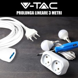 V-TAC 3 Metre Electric Extension with Italian Dual Socket 10A Extension Lead for Home, Office, Shop, Work, High Resistance - Plug 16A - White
