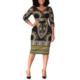 VERWIN Mid-Calf V Neck Three Quarter Sleeve Print Women's Bodycon Dress African Midi Dress (Medium, Black)