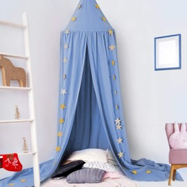 CeeKii Canopy Children's Room Bed Canopy Children Babies Bed Nursery Bed Curtain Cotton Decorative Mosquito Net for Princess Play Tents Baby Bed & Bedroom Decoration with Star Garland (Blue)