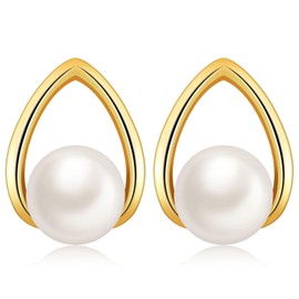 MASOP Pearl Earrings Gold Colour Stud Earrings White Pearl Drop Pearl Stud Earrings for Women Girlfriend Mum Bride, Copper