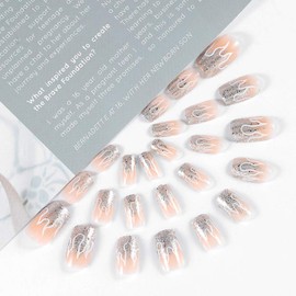 Brishow Coffin False Nails Flame Press on Nails Short Fake Nails Full Cover Stick on Nails 24pcs for Women and Girls